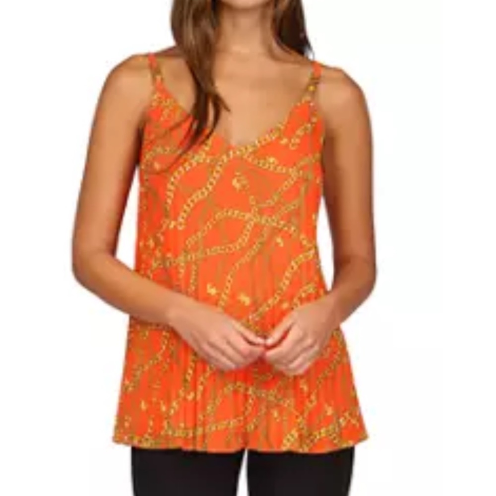 Micheal Kors size XL Orange chain print pleated swing camisole with gold NWT